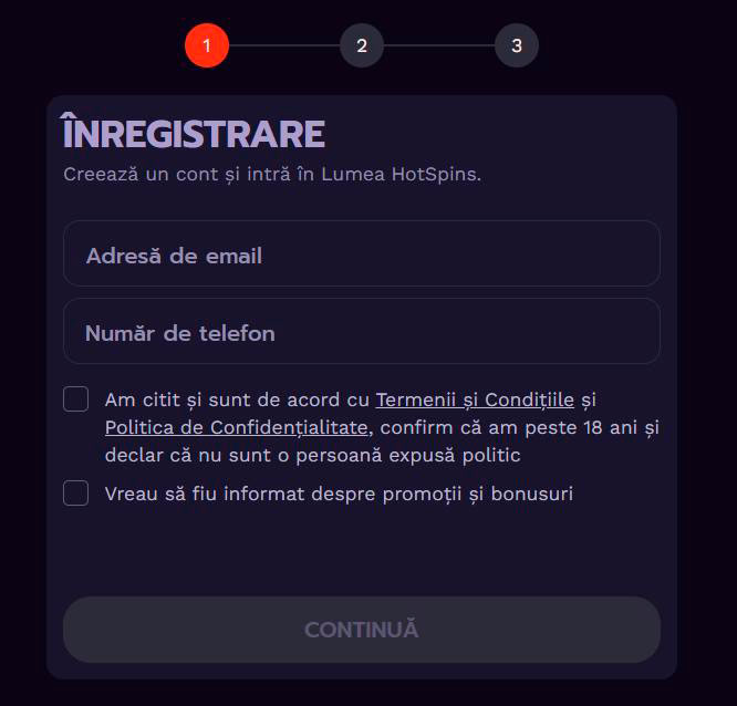 înregistrare la cazinoul Hotspins